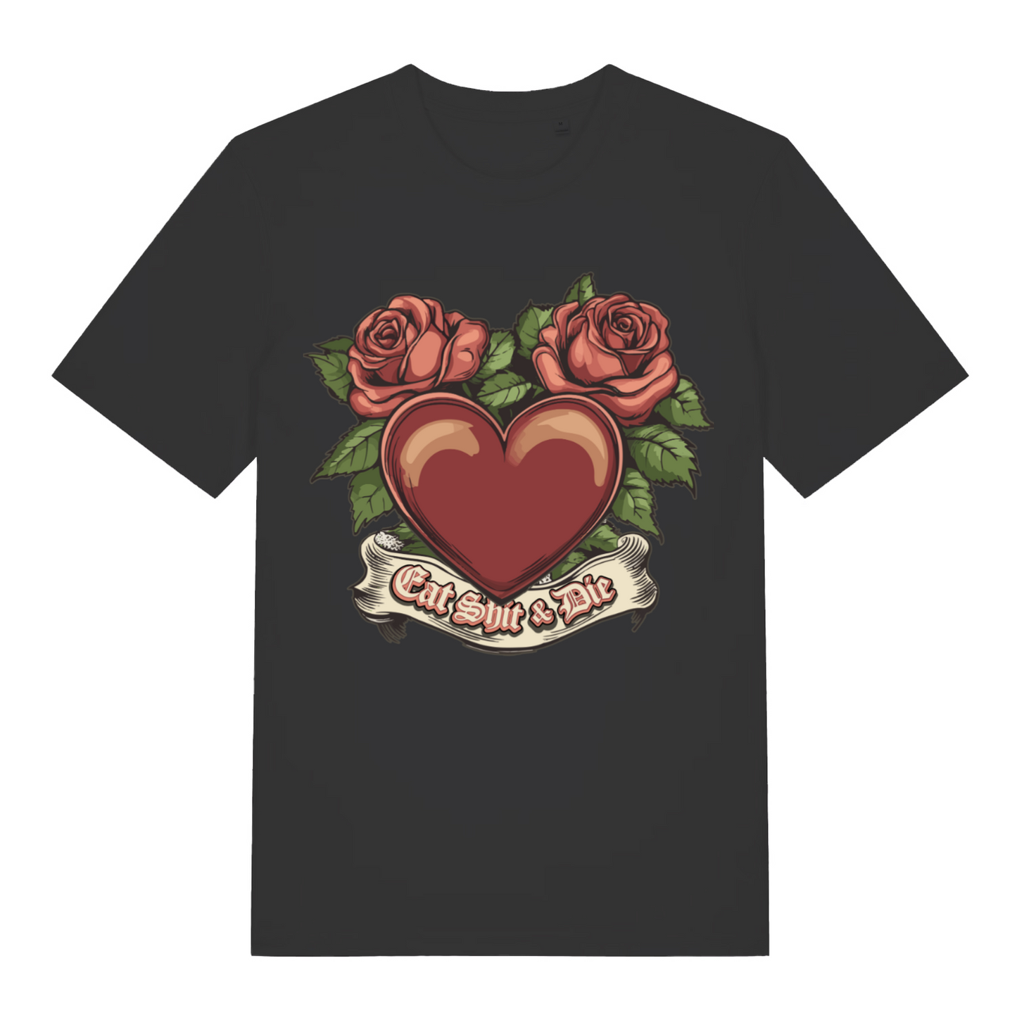 Black Eat Shit & Die T-shirt flat lay with red heart roses tattoo style rude graphic
