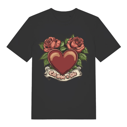 Black Eat Shit & Die T-shirt flat lay with red heart roses tattoo style rude graphic