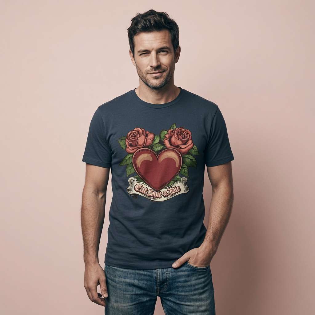 Man posing with hand in pocket in ink grey Eat Shit & Die tee, rude witty offensive rose tattoo