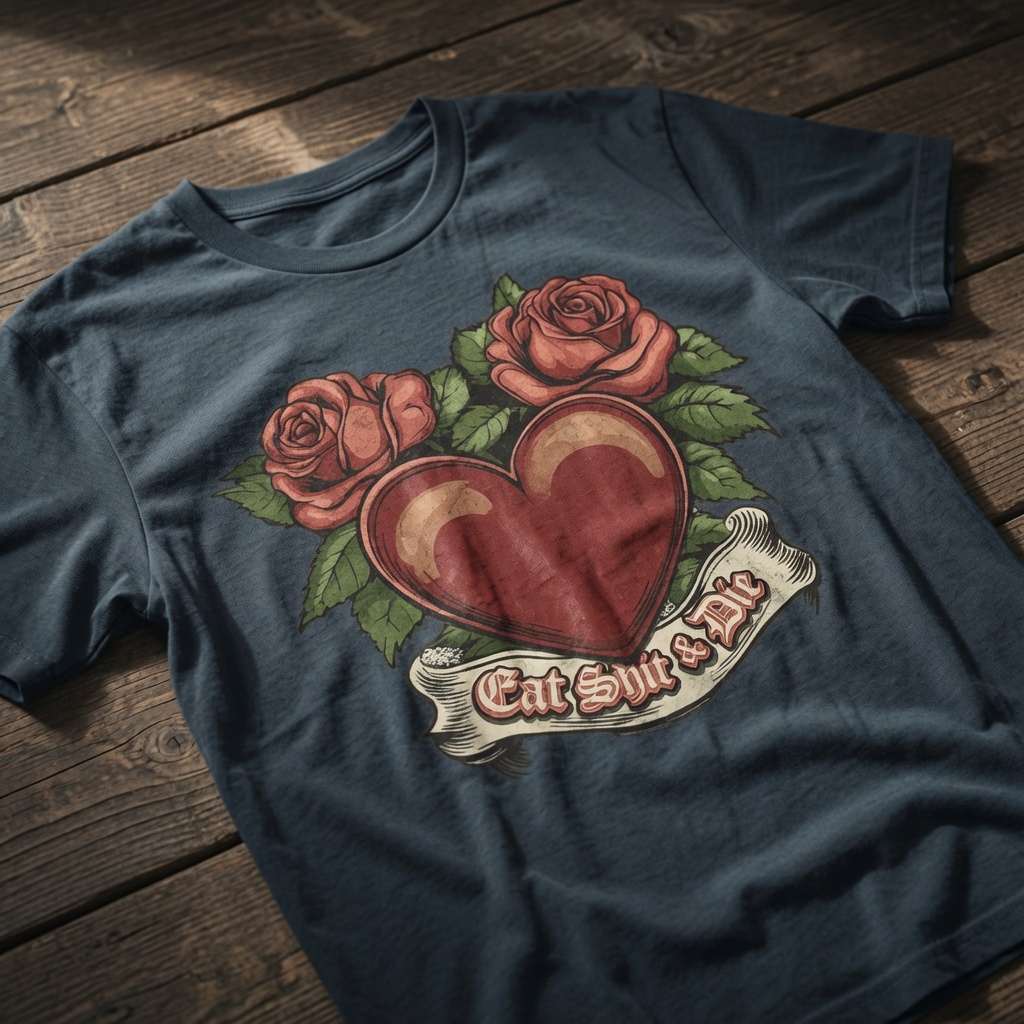 Ink grey Eat Shit & Die t-shirt on wood with classic heart and roses design, witty cheeky rude graphic