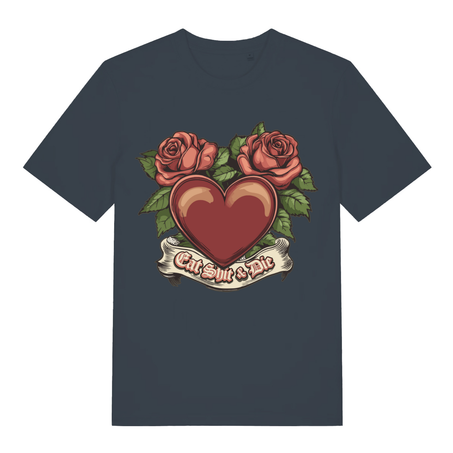 Ink Grey Eat Shit & Die T-shirt flat lay featuring classic "Eat Shit & Die" heart and roses design