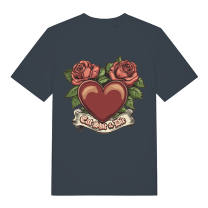 Ink Grey Eat Shit & Die T-shirt flat lay featuring classic "Eat Shit & Die" heart and roses design