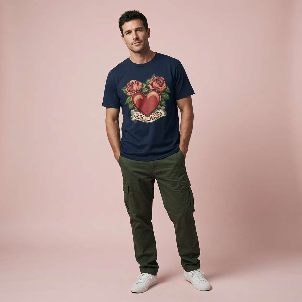 Man standing full-body in navy Eat Shit & Die t-shirt, funny offensive witty rose tattoo mens tee
