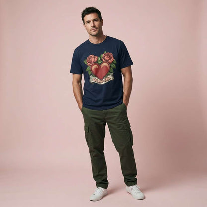 Man standing full-body in navy Eat Shit & Die t-shirt, funny offensive witty rose tattoo mens tee