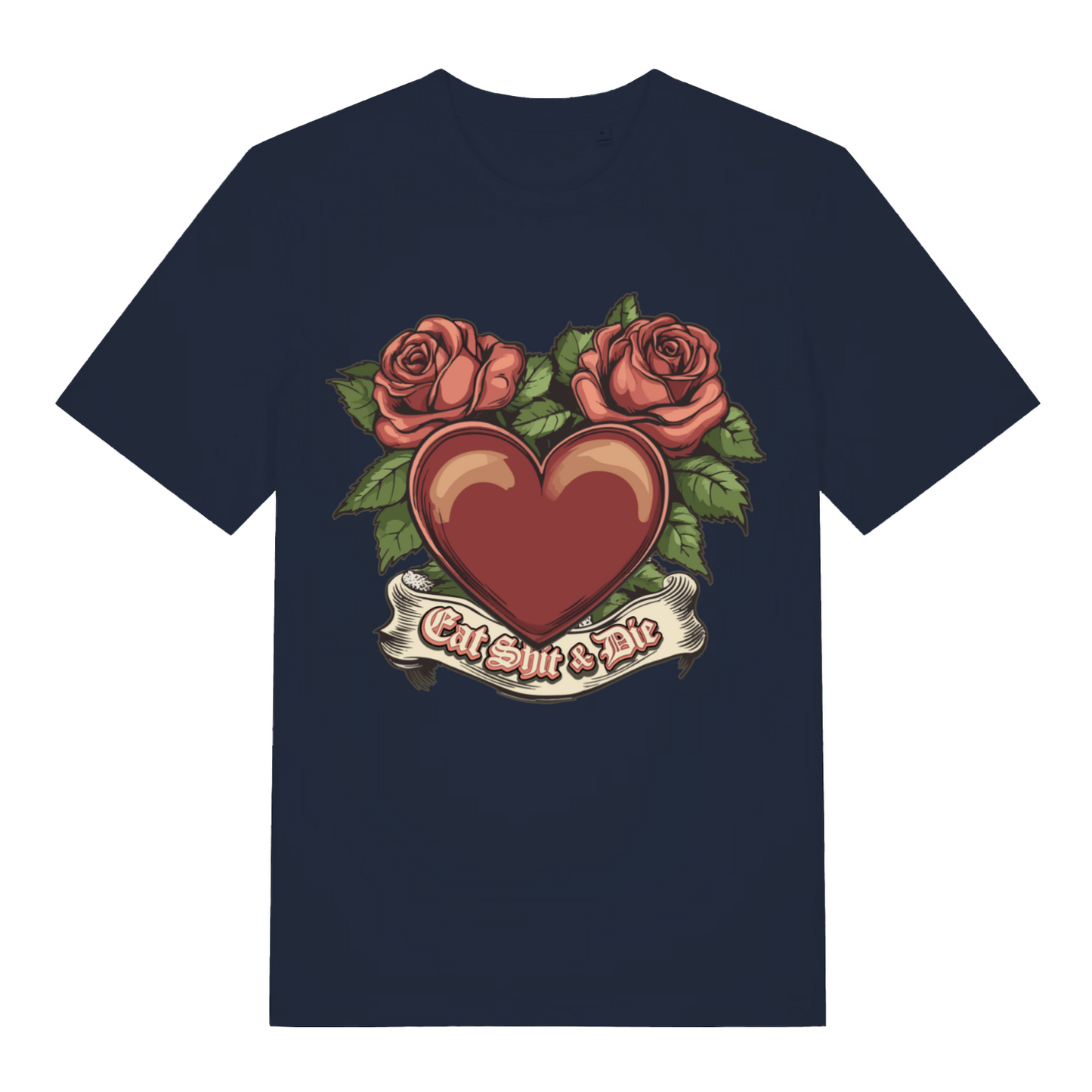 Navy Eat Shit & Die T-shirt flat lay showing bold offensive rose tattoo illustration