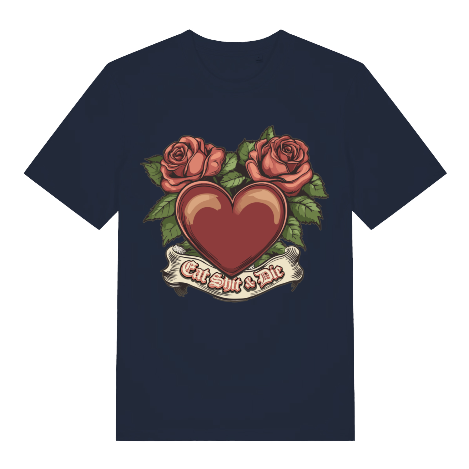 Navy Eat Shit & Die T-shirt flat lay showing bold offensive rose tattoo illustration
