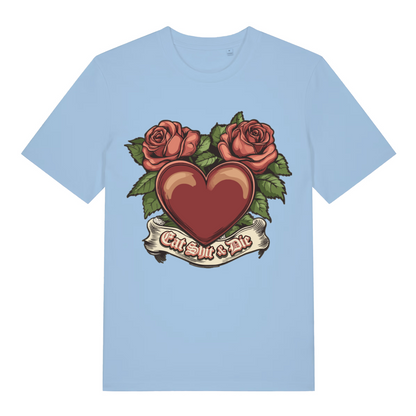 Sky Blue Eat Shit & Die T-shirt flat lay with clean heart and roses rude slogan graphic