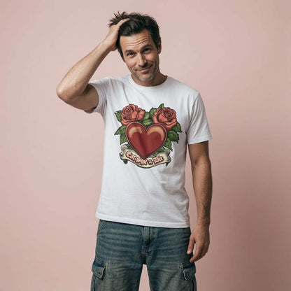 Man with hand in hair in white Eat Shit & Die t-shirt featuring heart and roses tattoo graphic
