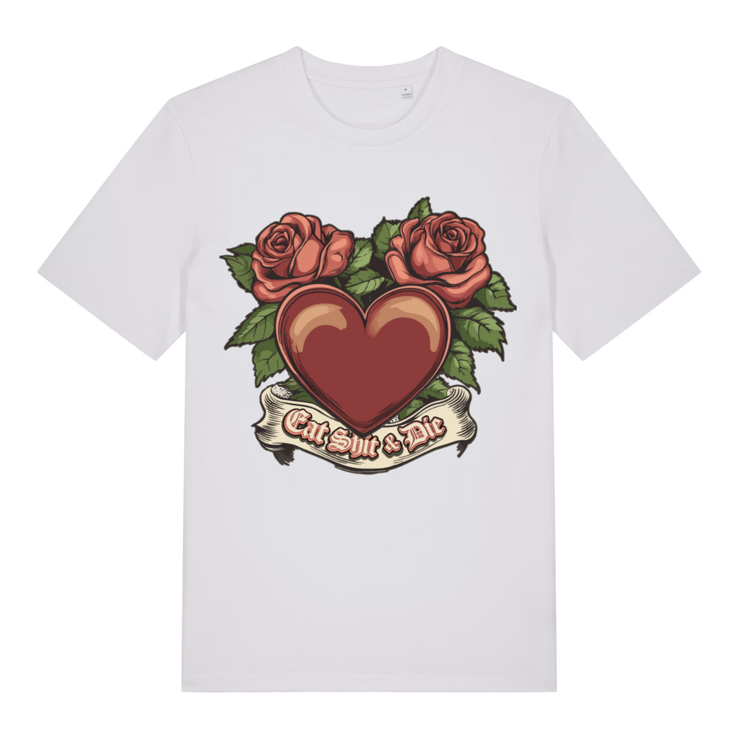White Eat Shit & Die T-shirt flat lay displaying vintage tattoo style "Eat Shit & Die" artwork