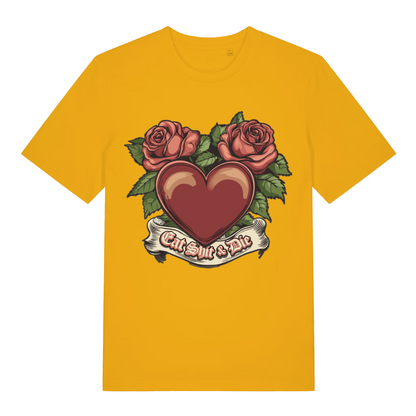 Yellow Eat Shit & Die T-shirt flat lay with vibrant red heart roses funny rude design