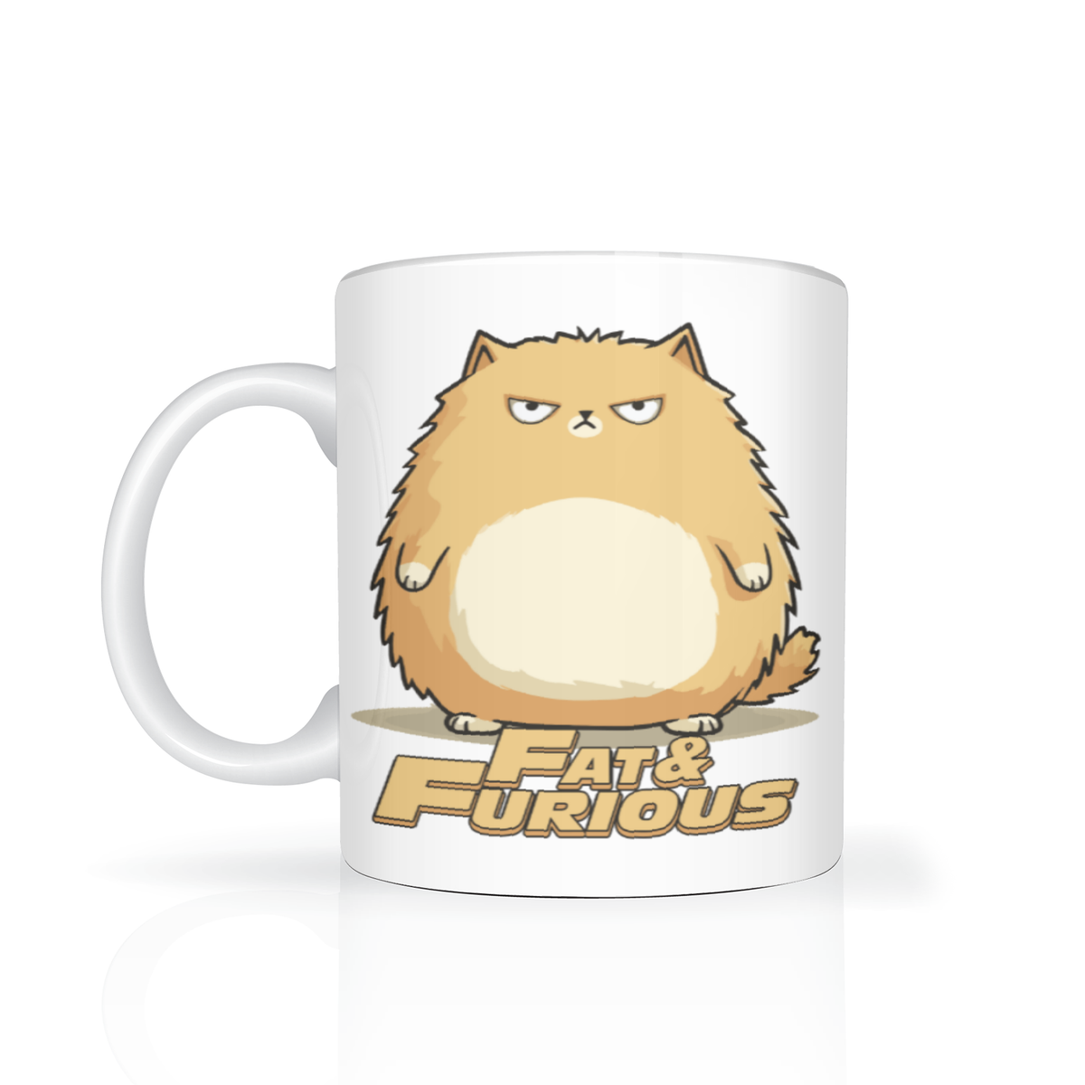 A white ceramic mug featuring a cartoon illustration of a grumpy, round orange cat with the text 'Fat & Furious' printed below it, shown on a clean white background with a soft reflection.