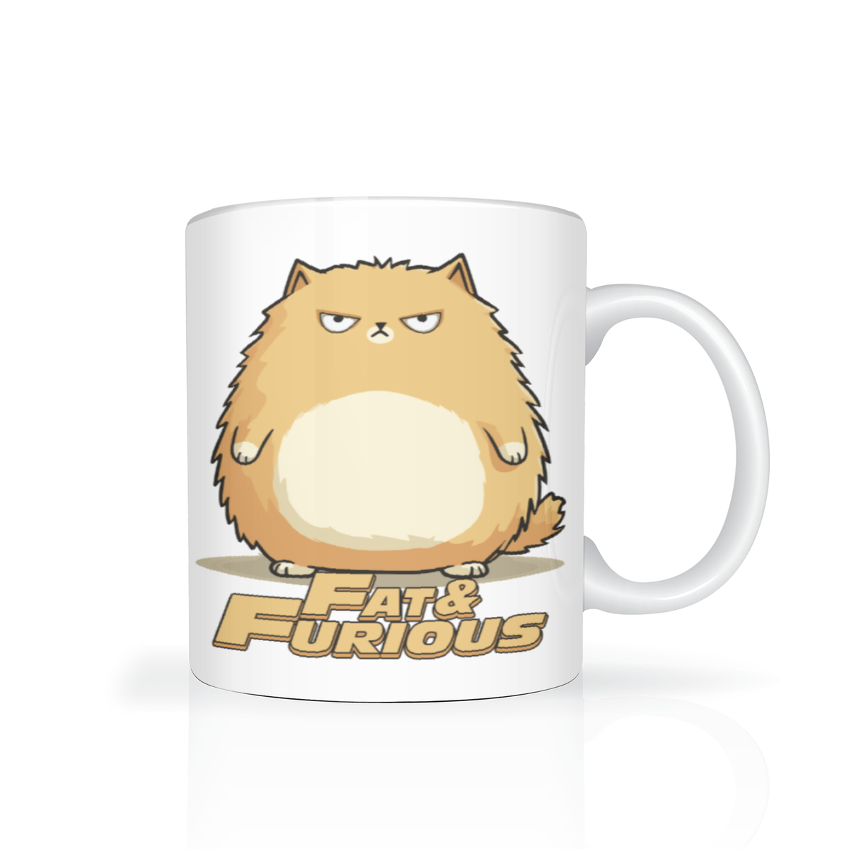 A white ceramic mug featuring a cartoon illustration of a round, orange-tan cat with an angry expression above the text 'FAT & FURIOUS' in gold and brown. The mug is shown on a clean white background with a soft reflection underneath.