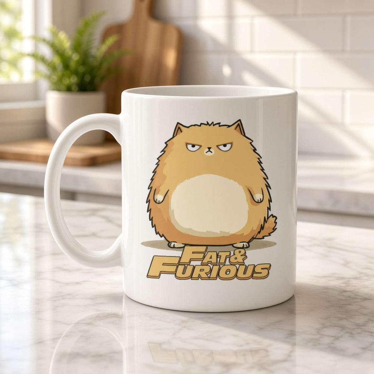 A white ceramic mug with a cartoon illustration of a fluffy orange cat and the text 'Fat & Furious' printed on it, sitting on a marble countertop in a bright kitchen setting.
