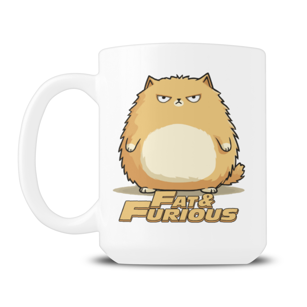 A white ceramic mug featuring a cartoon illustration of a round, fluffy orange cat with the text 'Fat & Furious' printed below it, shown on a clean white background.