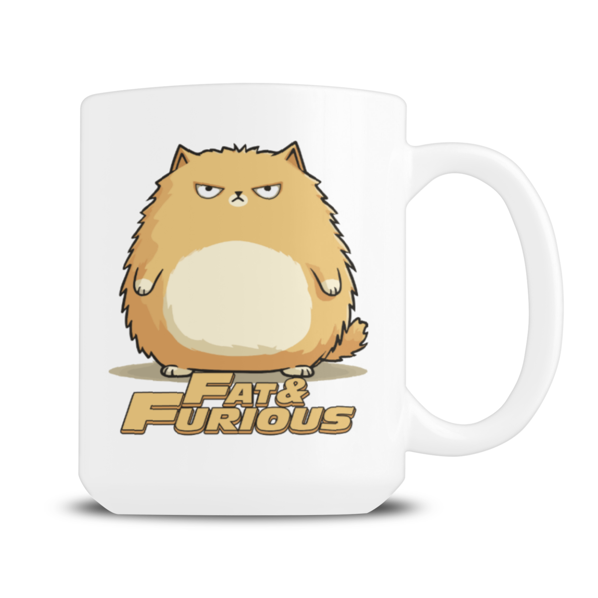 A white ceramic mug featuring a cartoon illustration of a round, fluffy orange cat with the text 'Fat & Furious' printed below it, shown on a clean white background.