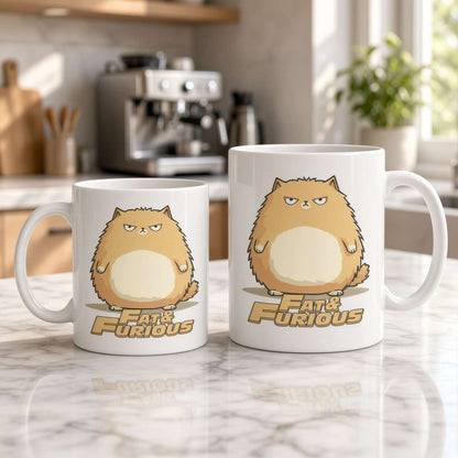 Two white ceramic mugs with a cartoon cat graphic and the text 'FAT & FURIOUS' displayed on a marble countertop in a kitchen setting.