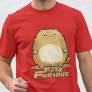 Red t-shirt with a funny cartoon cat graphic and 'Fat & Furious' slogan