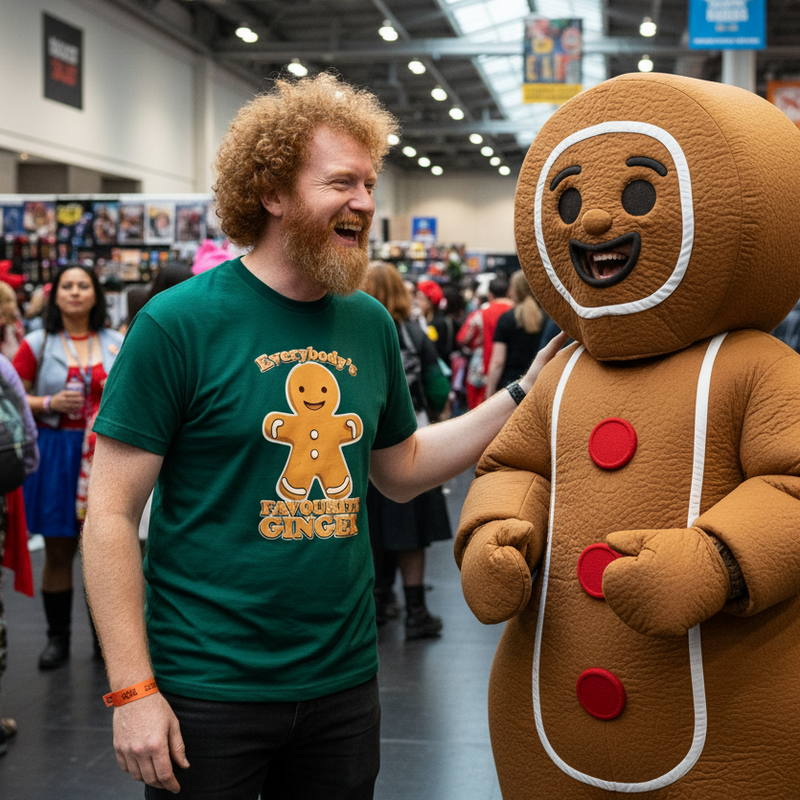 Man in green Ginger t-shirt with gingerbread man graphic and gingerbread costume in a store setting