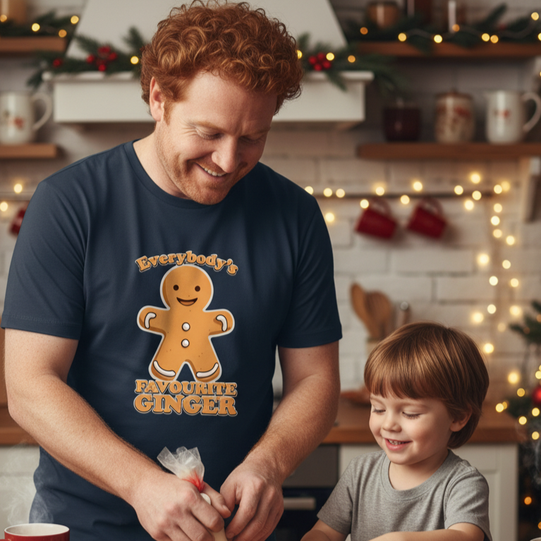 Man wearing a 'Everybody's Favourite Ginger' funny t-shirt with a child in a kitchen setting.