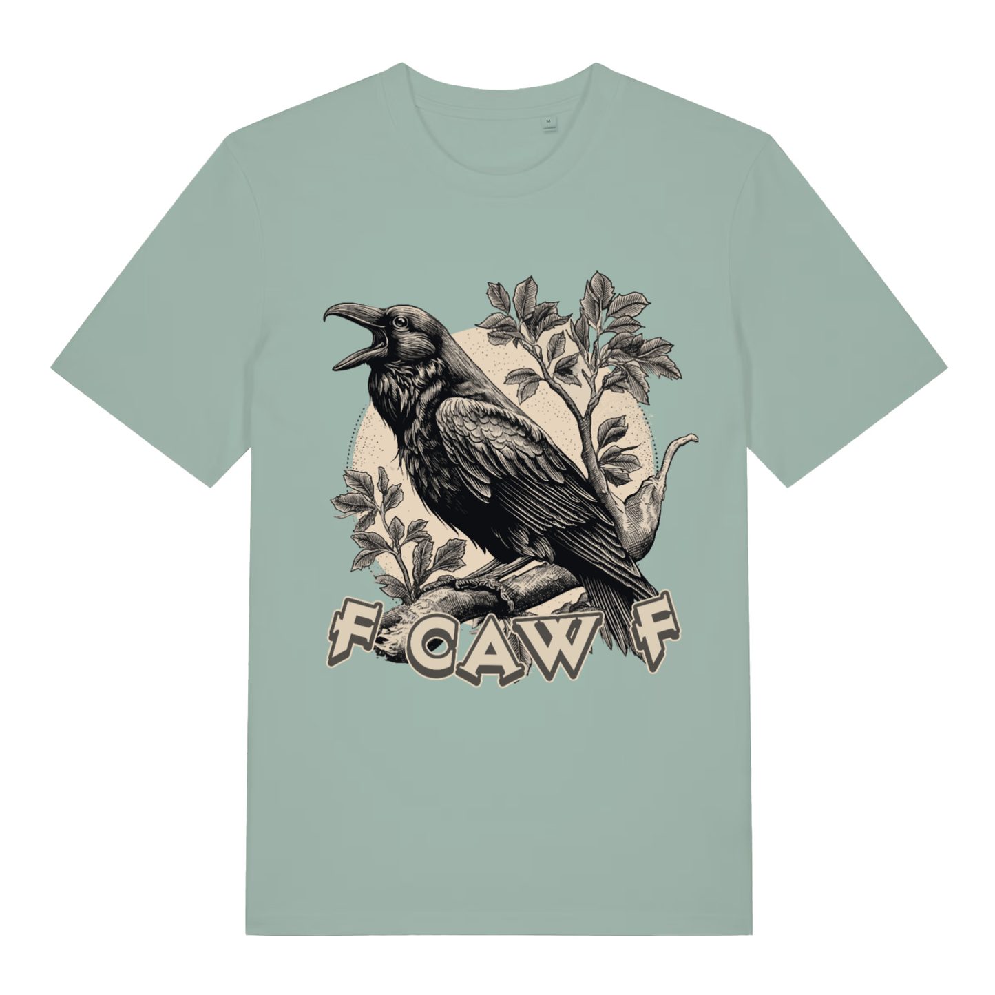 Aloe FCAW F T-shirt flat lay with detailed raven crow graphic and "F Caw F" pun