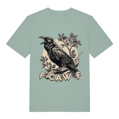 Aloe FCAW F T-shirt flat lay with detailed raven crow graphic and "F Caw F" pun