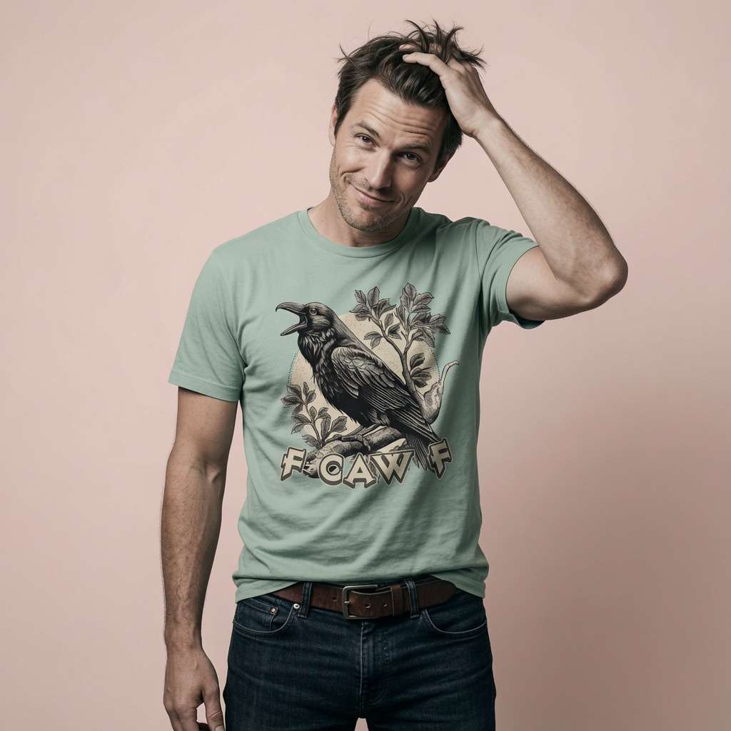 Man with hand in hair smirking in aloe FCAWF tee, funny offensive rude cheeky bird pun