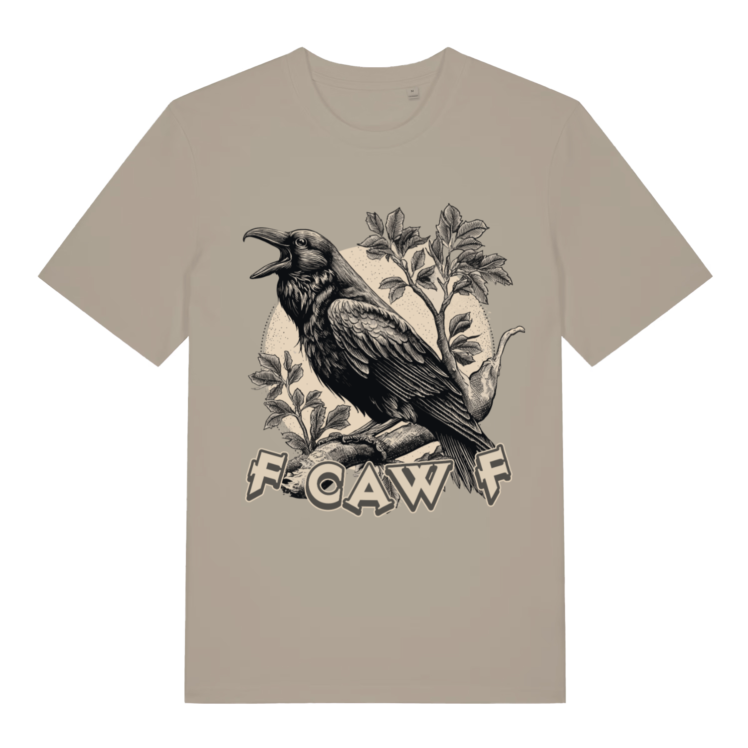 Beige FCAW F T-shirt flat lay featuring cheeky offensive crow bird meme design