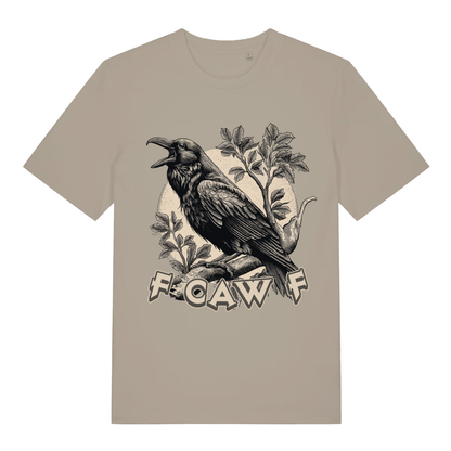 Beige FCAW F T-shirt flat lay featuring cheeky offensive crow bird meme design
