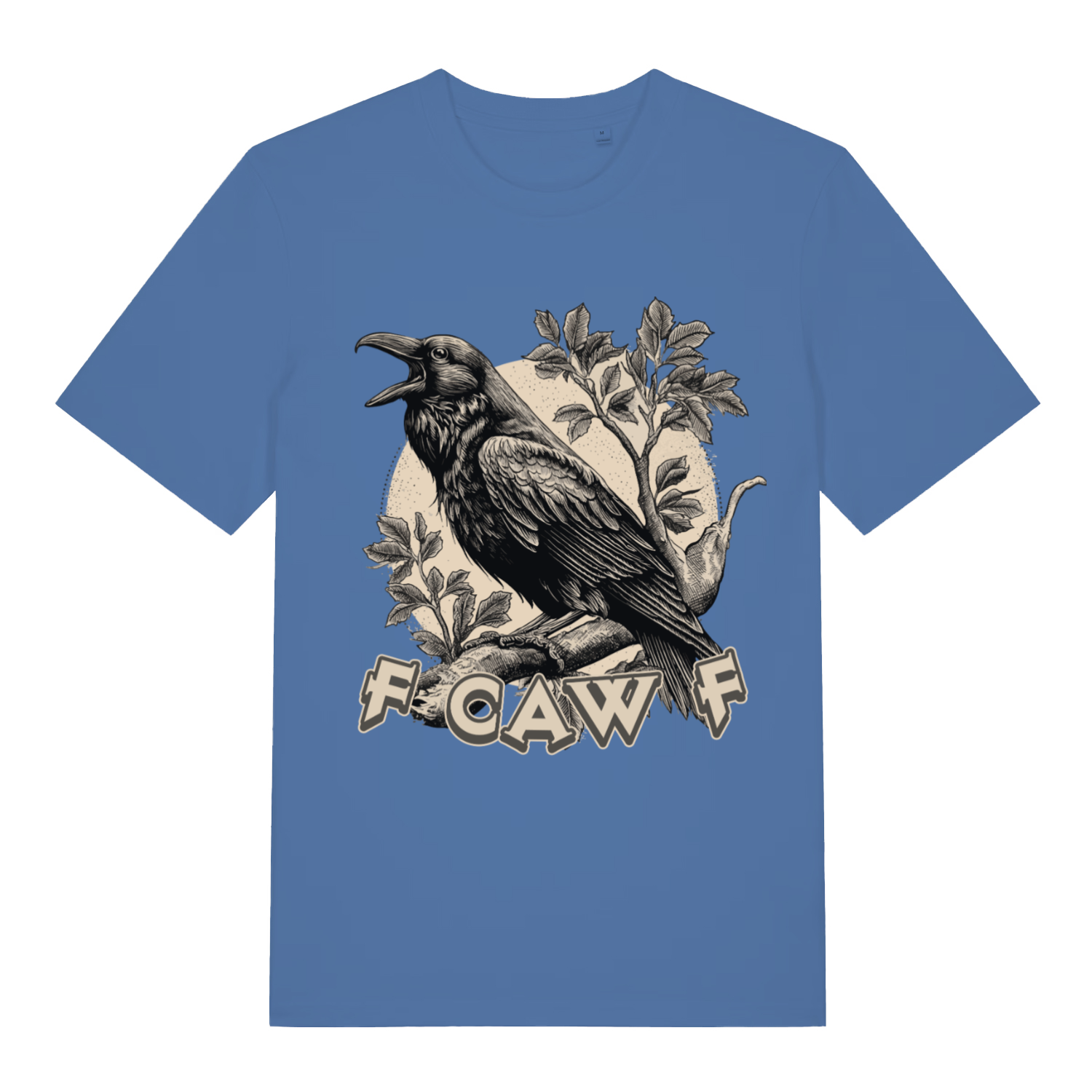 Blue FCAW F T-shirt flat lay showing vintage style raven on branch with "F Caw F" text