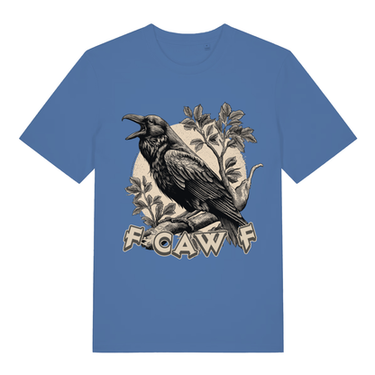Blue FCAW F T-shirt flat lay showing vintage style raven on branch with "F Caw F" text
