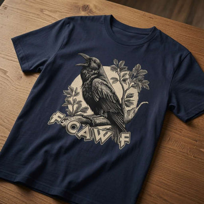 Navy FCAWF t-shirt on wood featuring crow on branch, funny cheeky offensive rude bird meme
