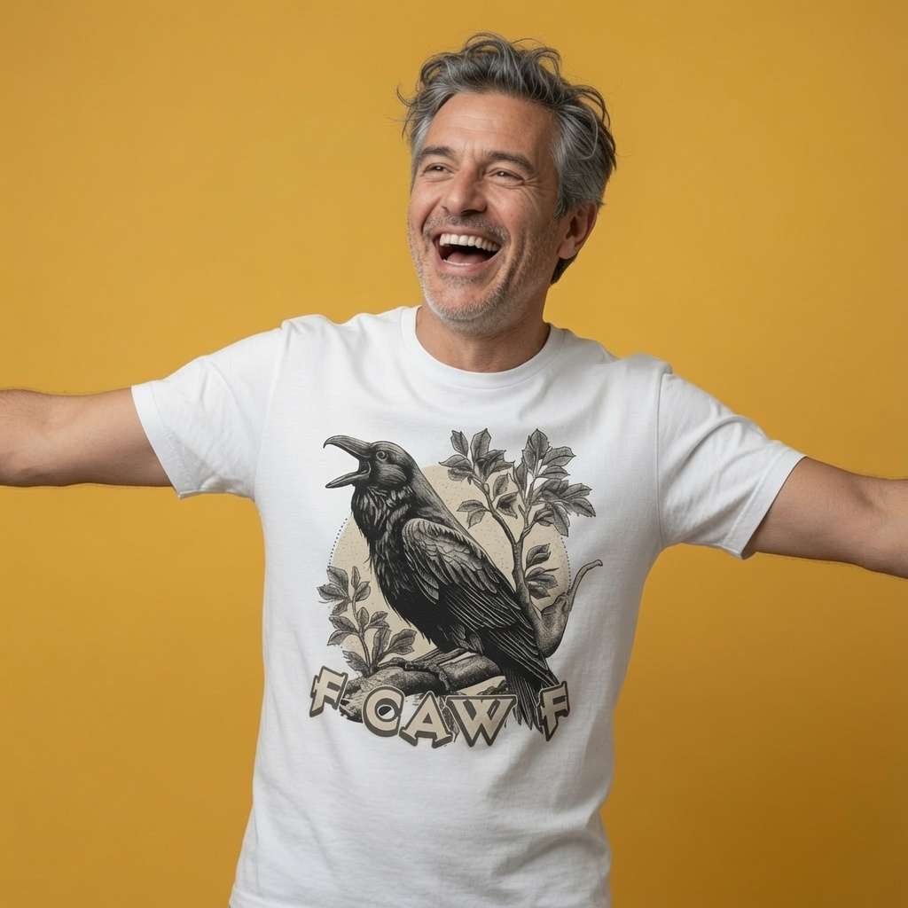 Man laughing with arms out while wearing a white FCAWF t-shirt, cheeky mens offensive rude crow funny viral meme design that every cheeky lad will claim