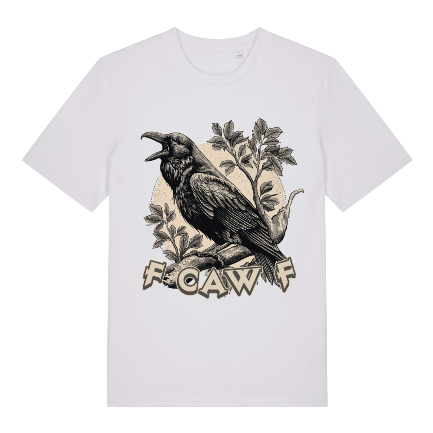 White FCAW F T-shirt flat lay displaying funny viral crow "F Caw F" graphic