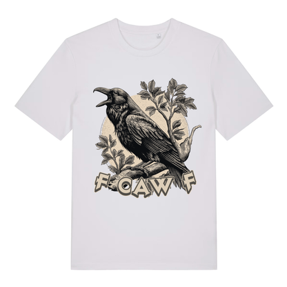 White FCAW F T-shirt flat lay displaying funny viral crow "F Caw F" graphic