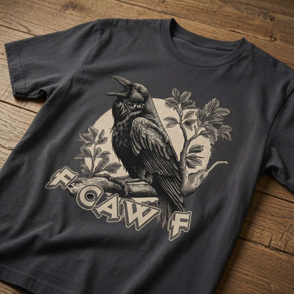 Black FCAWF t-shirt on wood featuring crow on branch, fun rude bird pun ladies shirt