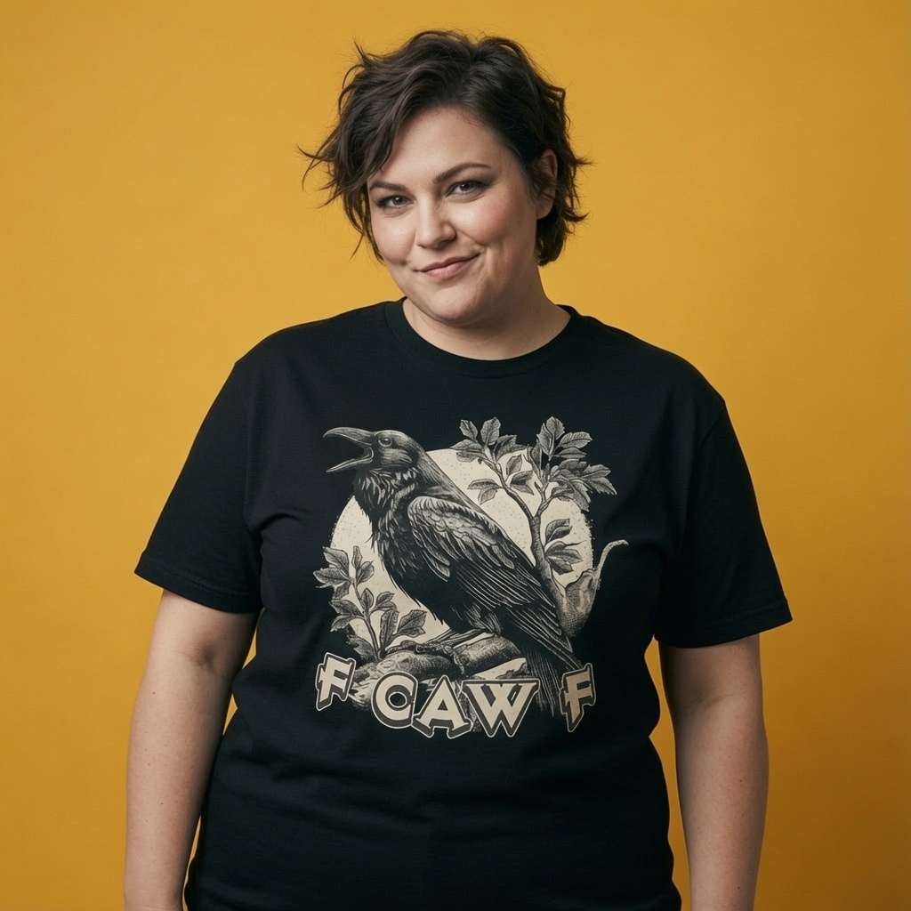 Woman smiling while wearing a black FCAWF t-shirt, funny ladies rude swearing crow design that every no-nonsense lady will claim
