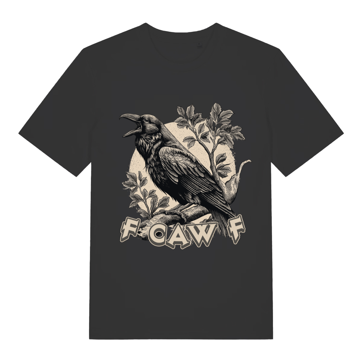 Black women's F Caw F T-shirt flat lay featuring cheeky offensive crow bird meme design