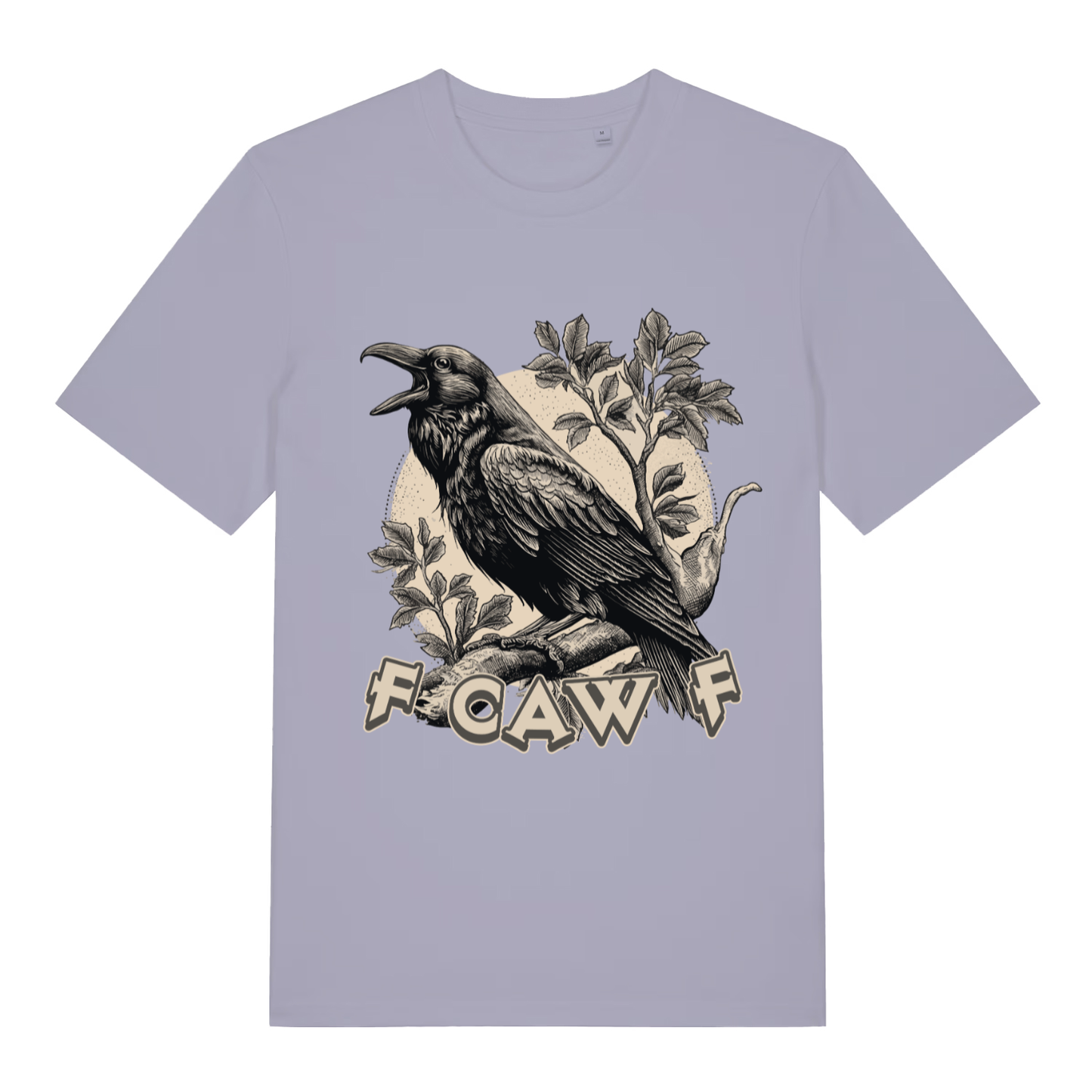 Lavender women's F Caw F T-shirt flat lay showing vintage style raven on branch with "F Caw F" text