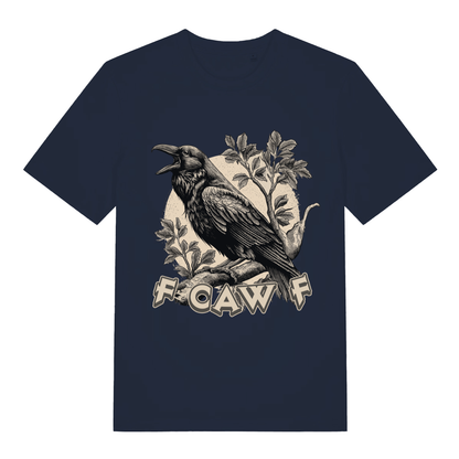 Navy women's F Caw F T-shirt flat lay with bold rude crow illustration and slogan