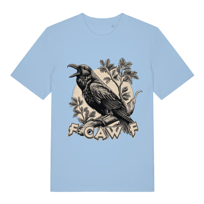 Sky Blue women's F Caw F T-shirt flat lay displaying funny viral crow "F Caw F" graphic
