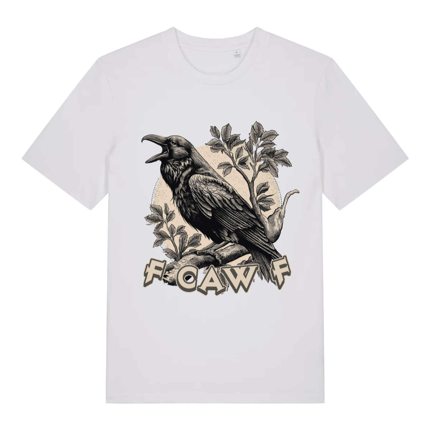 White women's F Caw F T-shirt flat lay with raven crow pun artwork