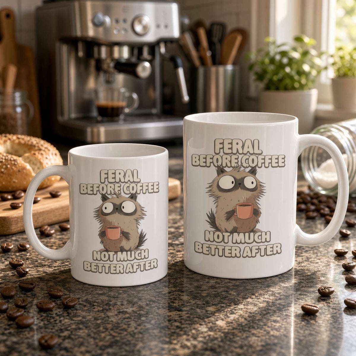 Two white coffee mugs reading “Feral before coffee, not much better after” feature feral cartoon Cats. Coffee beans, pastries, and an espresso machine create a cozy, humorous café scene.