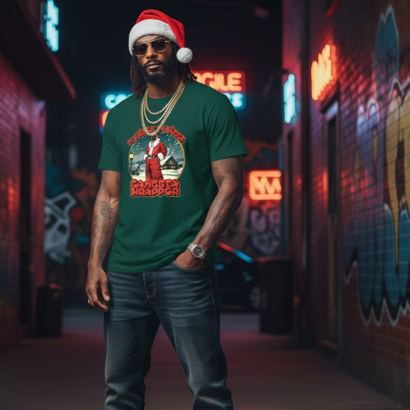 Man wearing a green Christmas t-shirt with a graphic Snoop design, standing in a neon-lit alleyway.
