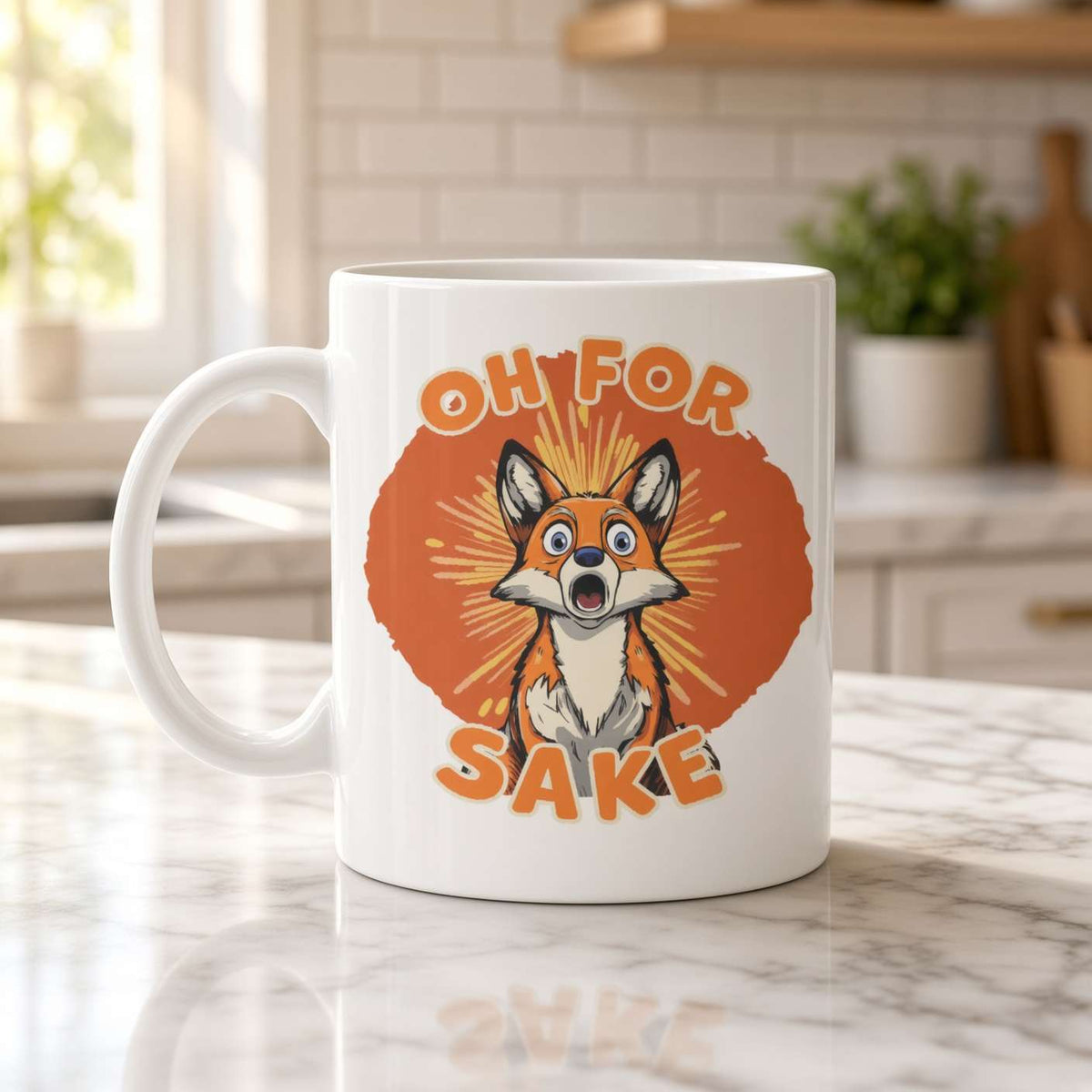 A white ceramic coffee mug with a cartoon dog face and the text 'OH FOR SAKE' in orange, set on a marble kitchen counter with a blurred kitchen background.
