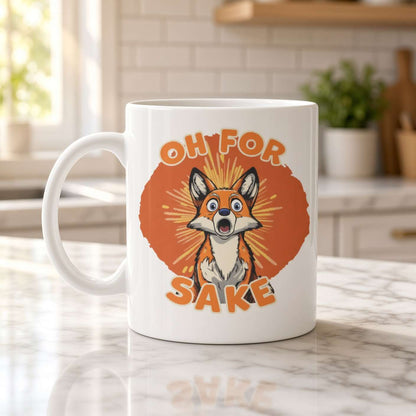 A white ceramic coffee mug with a cartoon dog face and the text 'OH FOR SAKE' in orange, set on a marble kitchen counter with a blurred kitchen background.