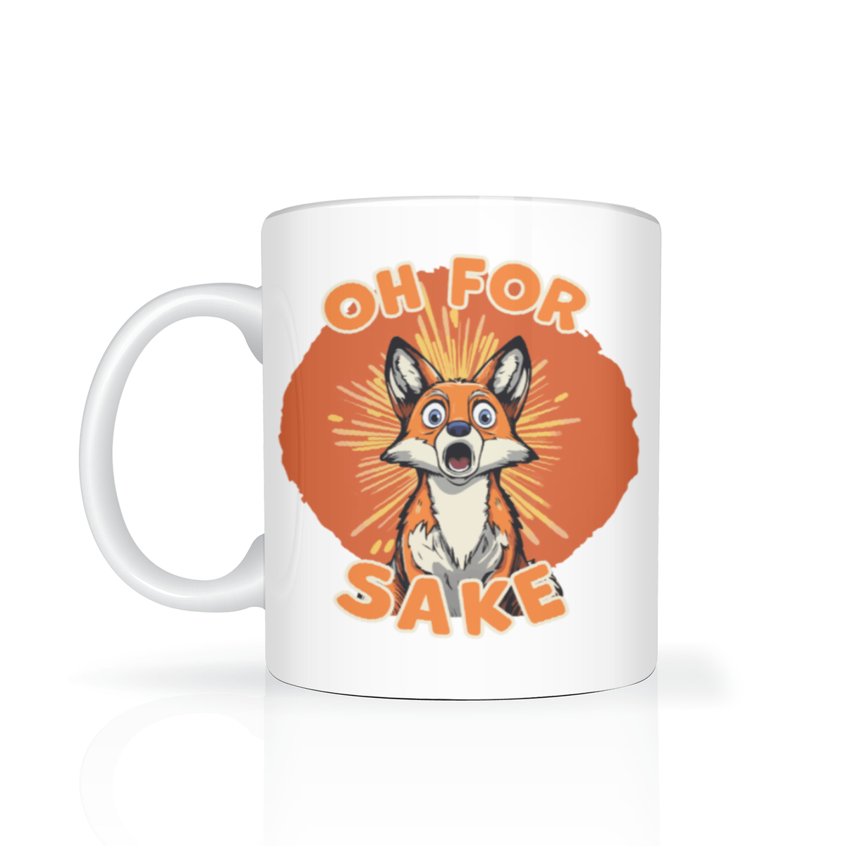 A white ceramic mug with a cartoon fox graphic and the text 'OH FOR SAKE' in orange, shown on a clean white background.