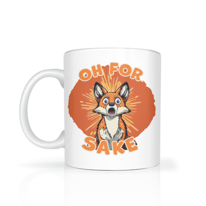 A white ceramic mug with a cartoon fox graphic and the text 'OH FOR SAKE' in orange, shown on a clean white background.