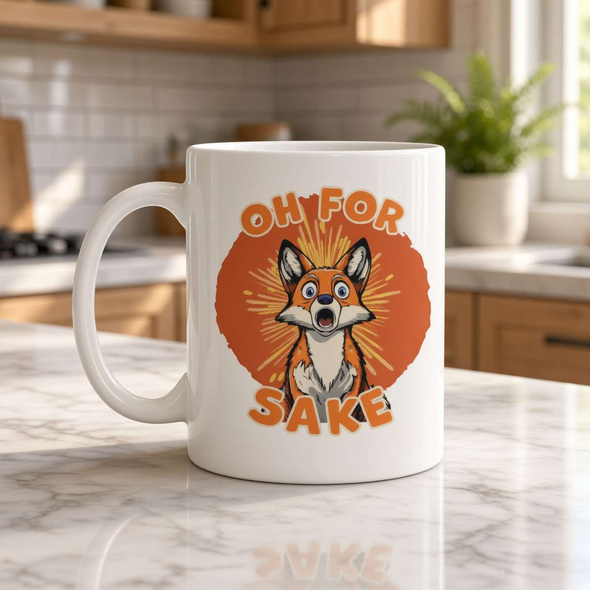 A white ceramic coffee mug with a cartoon fox graphic and the text 'OH FOR SAKE' printed on it, sitting on a marble kitchen countertop with a blurred kitchen background.