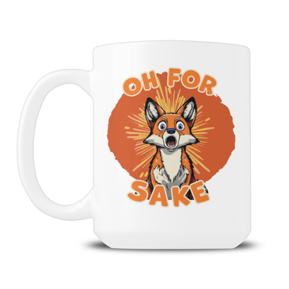 A white ceramic mug featuring a cartoon fox illustration with the text 'OH FOR SAKE' in orange, set against a clean white background.