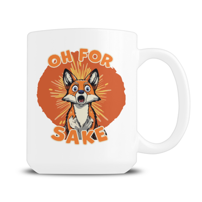 A white ceramic mug with a cartoon fox graphic and the text 'OH FOR SAKE' in orange, shown on a clean white background.